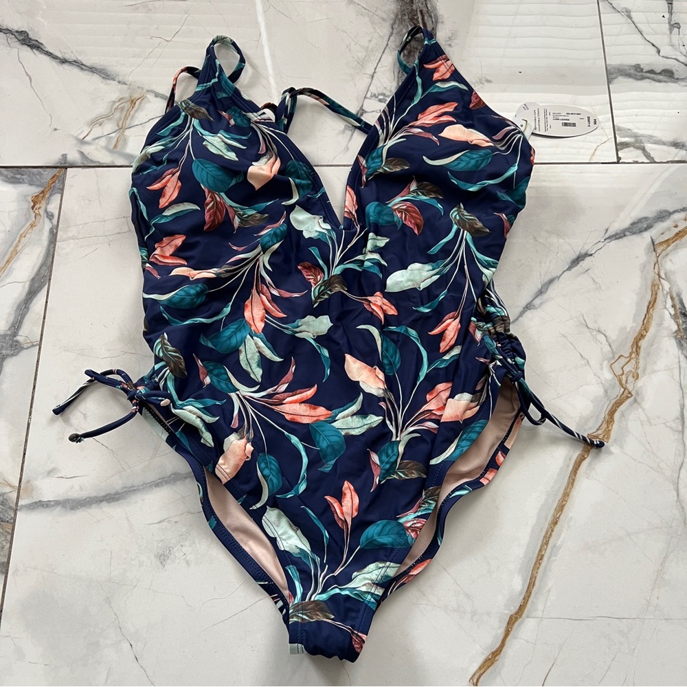 Mynah Womens My Lush Leaves Floral V-Neck One Piece Swimsuit NWT XL